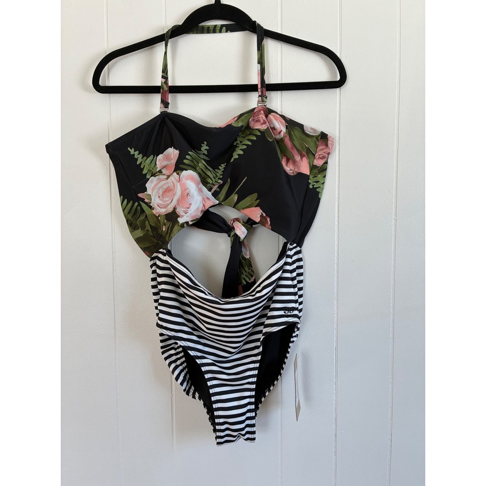 Albion Fit One Piece Swimsuit Medium Floral Stripe Halter Front Tie Cutout Black